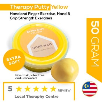 IMG_7079 Therapy putty is important for children who have fine motor skills difficulties and poor postural control. Therapist will usually practice and teach using our putty. Our Putty is supplied to special schools nationwide. This is well known as a NON SURGERY medical treatment. It is widely used for rehabilitation worldwide It is an excellent choice for treating carpal tunnel, arthritis, to regain hand movement after stroke or simple hand or finger strength training. Hand exercises are a great way to regain dexterity in your hand with a simple, affordable accessory. Suitable for all ages of individual who needs hand & finger exercise, hand & grip strength exercises. Each colour represents different resistance for individual exercises of different difficulties and goals. Product description : ✅ Comes in individual plastic containers (100g each) ✅ Available in 4 different resistance level : BLUE ➡️ firm GREEN ➡️medium RED ➡️ soft YELLOW ➡️ Extra soft ✅ Non-toxic , Non-sticky , suitable for kids & adults ✅ Stretchable , pinch-able, mouldable , squeezable therapy putty,therapy,putty,finger exercise,therapy putty malaysia